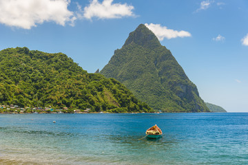 Paradise beach at Soufriere Bay with view to Piton at small town Soufriere in Saint Lucia, Tropical...