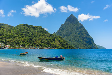 Naklejka na ściany i meble Paradise beach at Soufriere Bay with view to Piton at small town Soufriere in Saint Lucia, Tropical Caribbean Island.