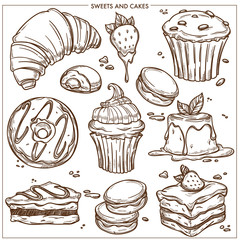 Sweet desserts, cakes and bakery cupcakes sketch icons.