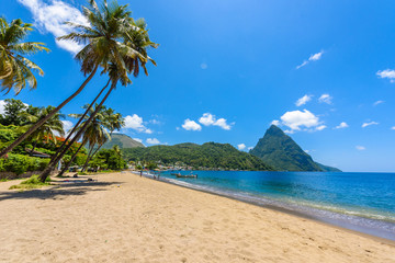 Paradise beach at Soufriere Bay with view to Piton at small town Soufriere in Saint Lucia, Tropical...