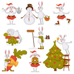 Fototapeta premium Christmas bunny rabbit Santa cartoon character vector icons winter holiday greeting card