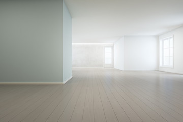 Wooden floor with blue concrete wall background in large room at modern new house for big family, White vintage window and door of empty hall or natural light studio - Home interior 3d illustration