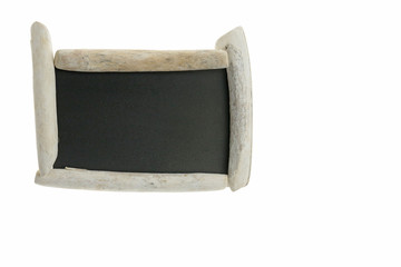 Driftwood Mockup. frame from chalk board and white  sea driftwood isolated  on white background. Blank empty . Flat lay, top view, copy space. Driftwood	