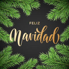 Feliz Navidad Spanish Merry Christmas hand drawn golden calligraphy in fir branch wreath decoration and Christmas garland. Vector winter New Year holiday greeting card black background design template