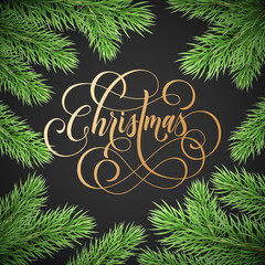 Merry Christmas trendy golden quote calligraphy on black premium background for winter holiday design template. Vector Christmas tree fir branch wreath decoration and golden New Year garland