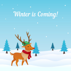 Winter is Coming Scene with Dressed Cute Reindeer with Hat and Scarf at Snowy Ground with Christmas Tree in the Background. Greeting Card, Banner, Poster, Template.