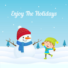Happy Kid Girl Playing Jumping Happy with Cute Snowman at Winter Holiday at Snowy Ground and Christmas Tree Background. Greeting Card, Poster, Banner Template.