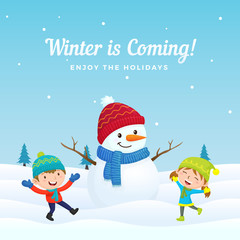Happy Kids Boy and Girl Playing with Cute Dressed Snowman at Winter Season in Snowy Ground Background. Holiday Greeting Card, Banner, Poster Template.
