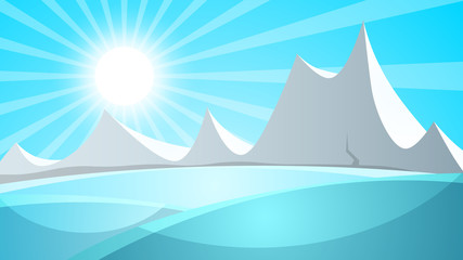 Cartoon snow landscape. Sun, snow, mountine illustration Vector eps 10
