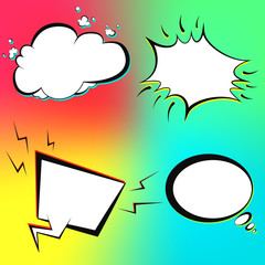 White vector retro comic speech bubbles with color shadow on mesh background in pop art style. Black outline blank balloons for comics book or advertisement superhero text, web design