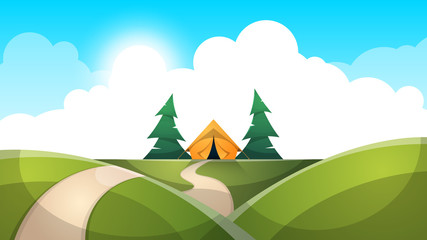 Cartoon landscape. Tent, sun, fir cloud road illustration Vector eps 10