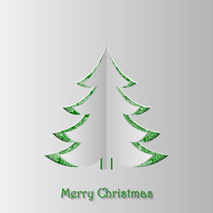 Vector paper cut out Christmas tree on green background with snowflakes. Design elements for greeting cards, banners, website.