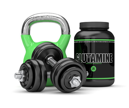 3d render of glutamine powder with kettlebell and dumbbells
