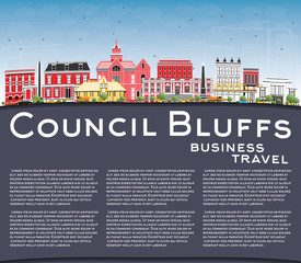 Council Bluffs Iowa Skyline with Color Buildings, Blue Sky and Copy Space.