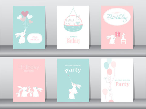 Set of birthday cards,poster,invitation cards,template,greeting cards,animals,rabbit,cute vector,Vector illustrations
