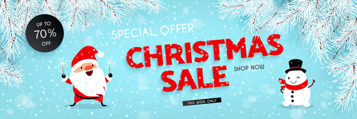 Christmas sale, discounts. Santa Claus, Snowman, Snow, Branches of the Christmas tree. Festive advertising banner with fun New Year characters and symbols. Vector