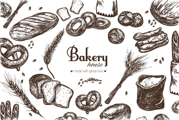 Bakery shop frame . Bag of flour, ears and different types of bread, loaf, pastry. Vector hand drawn illustration. Sketch style. Isolated objects