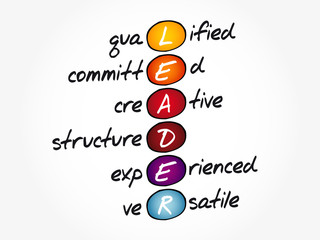LEADER - Qualified, Committed, Creative, Structured, Experienced, Versatile acronym, business concept background
