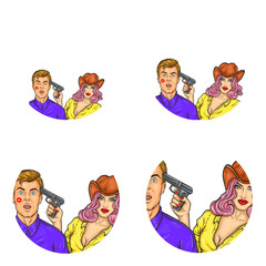 Set of vector pop art round avatar icons for users of social networking, blogs, profile icons. Young rodeo girl in cowboy hat and gun in her hand