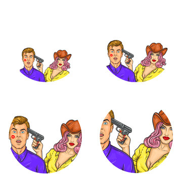 Set of vector pop art round avatar icons for users of social networking, blogs, profile icons. Young rodeo girl in cowboy hat and gun in her hand