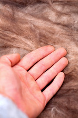 Fototapeta premium Mineral wool stack on construction site - thermal insulation of a house Soft eco-friendly insulation for the roof is safe for the hands skin