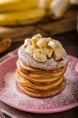 American pancakes with banana, chocolate