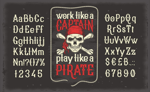 Vector illustration of a vintage Latin alphabet alphabet of letters and numbers with a frame and a pirate skull in a red bandana. Template, design element.