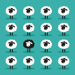 Vector of single black sheep in white sheep group. Animal. Dissimilar concept.