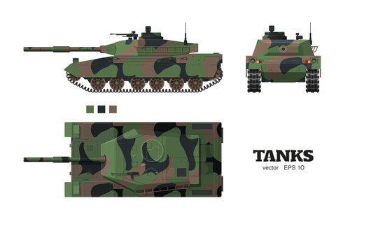 Realistic tank blueprint. Armored car with camouflage on white background. Top, side, front views. Army weapon. War camouflage transport