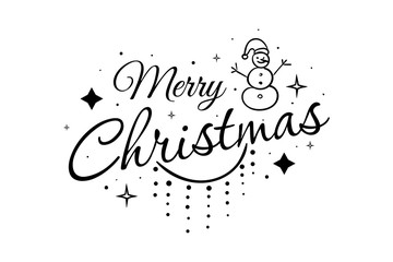 Merry Christmas card. Beautiful greeting winter banner poster calligraphy inscription black text word, snowman, star, lights. Hand drawn design. Handwritten modern brush lettering background isolated