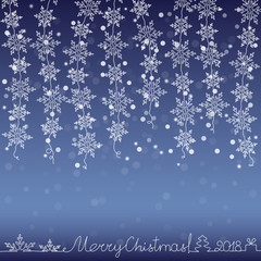 Vector illustration. Christmas background garlands of snowflakes with greetings, Christmas tree, gift and date.