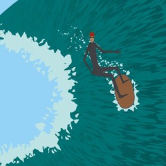 surfer sliding on the big wave, surfing