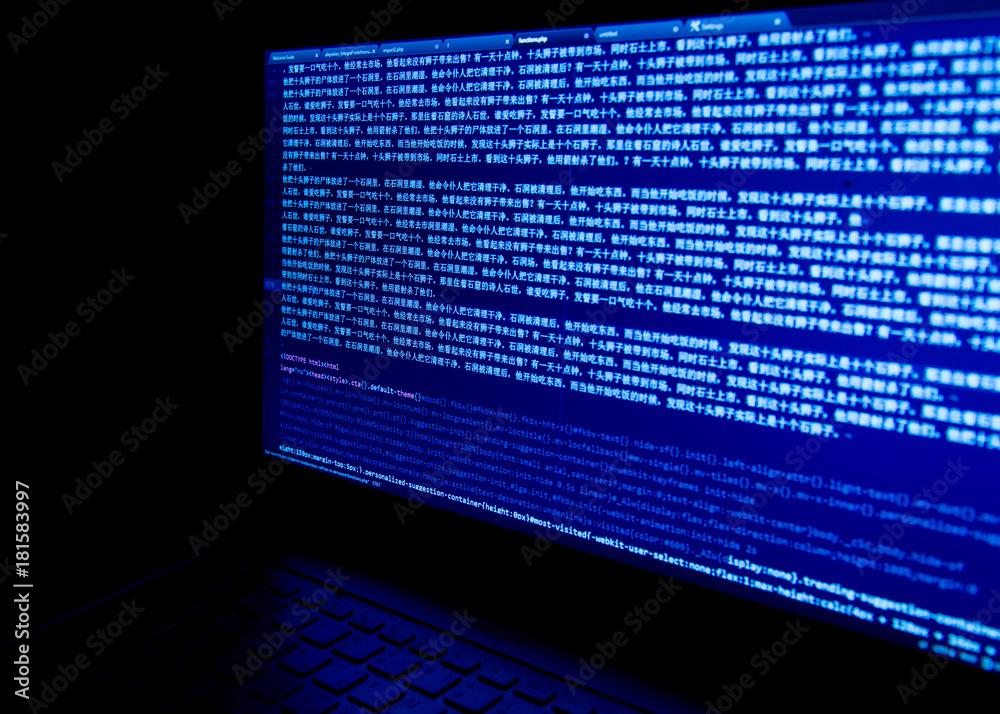 Wall mural screen with software developer code.