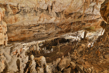 Postojna cave, Slovenia. Formations inside cave with stalactites and stalagmites