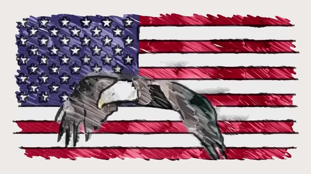 stop motion of marker drawn USA flag with bald eagle fly cartoon animation seamless loop - new quality national patriotic colorful symbol video footage