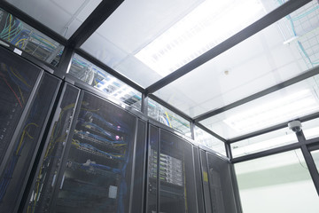 Close up Modern interior of server room Data Center.