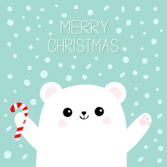 Merry Christmas. Polar white bear cub holding candy cane stick. Reaching for a hug. Cute cartoon baby character. Open hand ready for a hugging Arctic animal. Flat design. Winter snow flake background.