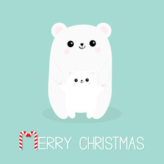 Merry Christmas Candy cane. Polar white small little bear cub. Cute cartoon character set. Mother hugging baby Arctic animal Flat design. Winter blue background.