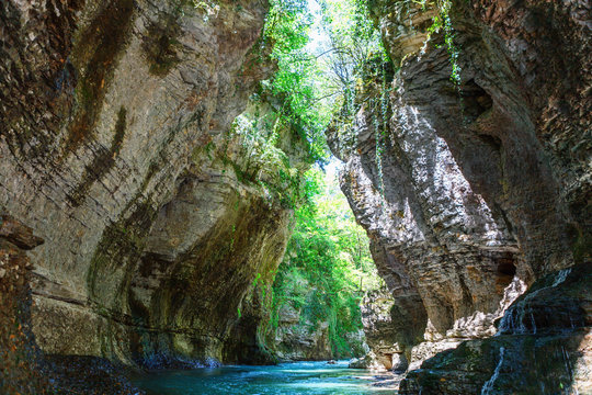 Martvili canyon in Georgia. Beautiful natural canyon with view of the mountain river