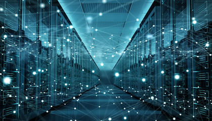 Server room center exchanging cyber datas 3D rendering