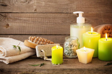 Beautiful composition of spa treatment on dark wooden  background