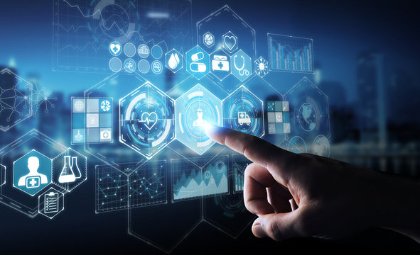 Businessman using digital medical interface 3D rendering