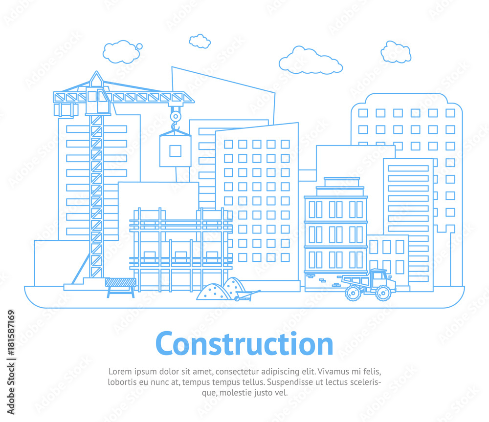 Wall mural Line Constructions Building on Background of City District Card Poster. Vector