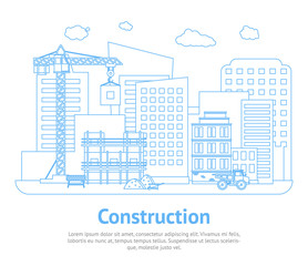 Line Constructions Building on Background of City District Card Poster. Vector