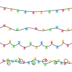 Set of color garlands, festive decorations. Glowing christmas lights isolated on white background. Vector seamless horizontal objects.