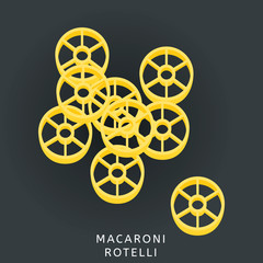 Traditional italian kitchen. Macaroni rotelle, ruote, wagon wheels, pasta. Icon isolated on dark background. Vector illustration