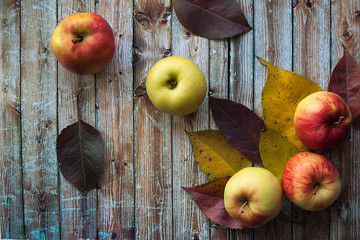 autumn composition. on autumn leaves top view on wooden background