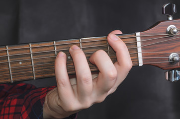  Musician Playing accord F on acoustic guitar, close up