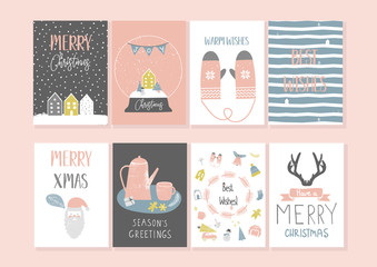 Collection of 8 Christmas card templates. Christmas Posters set. Vector illustration. Template for greeting, congratulations, invitations. Creative Hand Drawn cards for winter holidays. Vector - 181589735