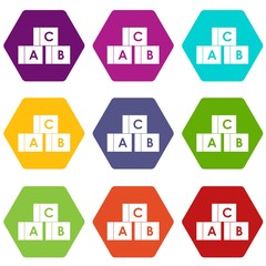 Alphabet cubes with letters A,B,C icon set color hexahedron